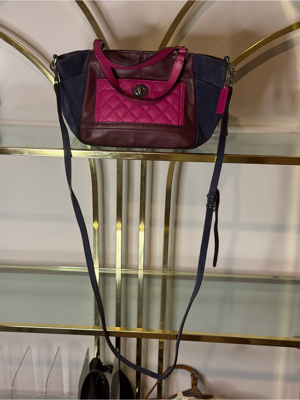 Coach Two-Tone Fuchsia, Burgundy and Navy Leather Shoulder Bag - Picture 15 of 16